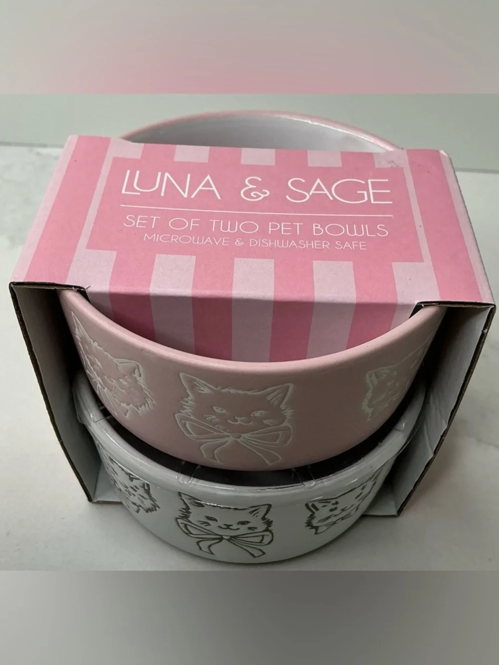 Luna & Sage PET BOWL CAT FACE WITH BOW PINK& IVORY NEW